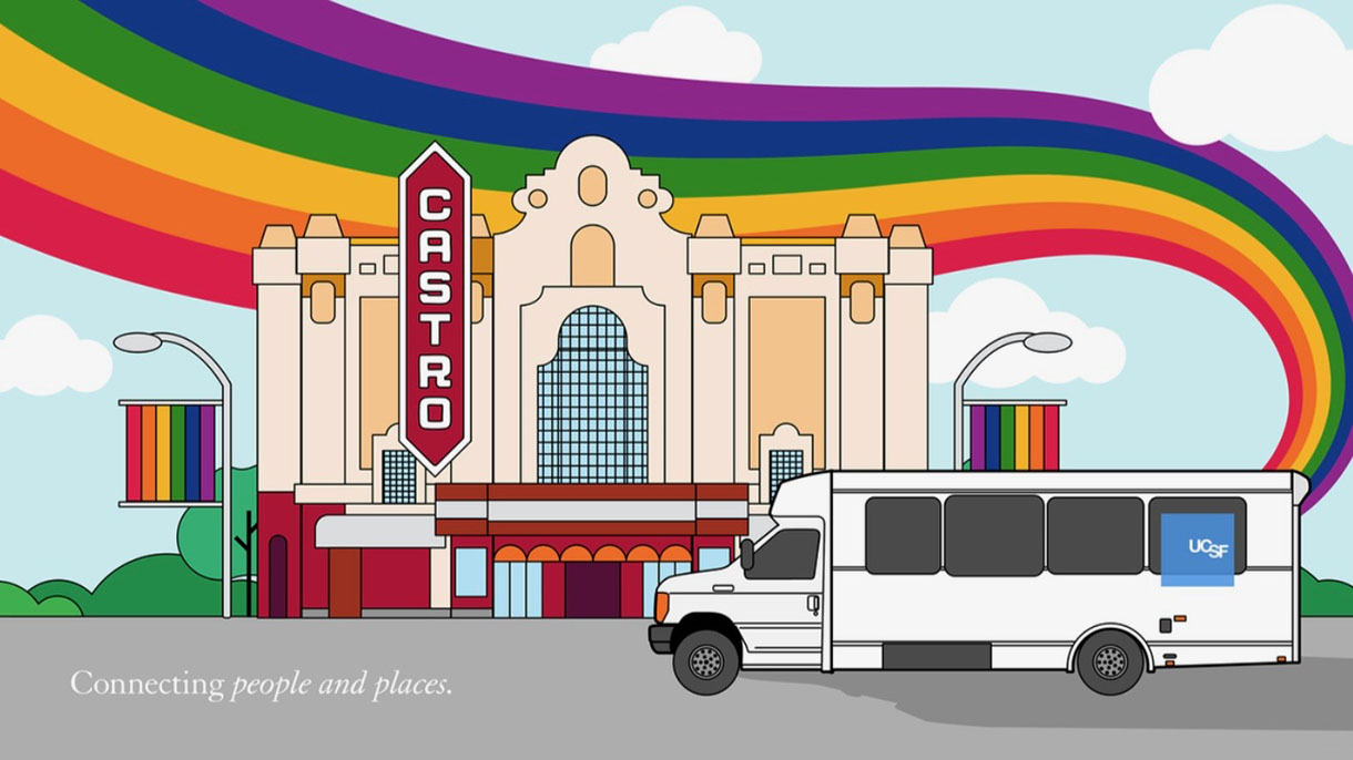 Peter Max style illustration of a UCSF shuttle bus passing in front of the Castro theater in San Francisco with a whimsical rainbow banner swooping through the background